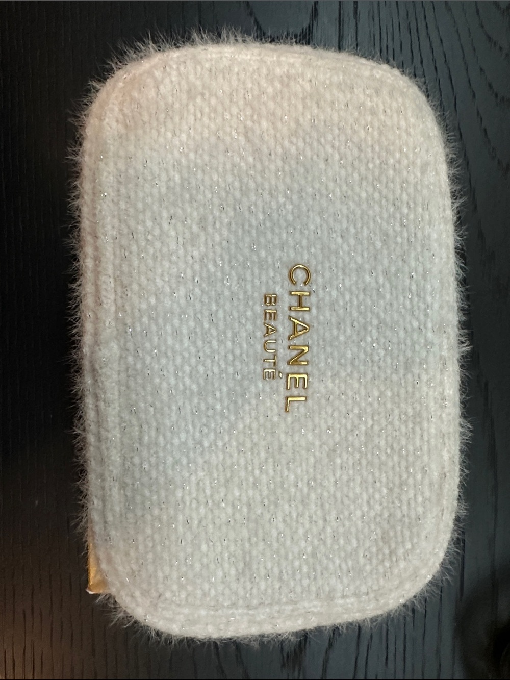 CHANEL Cream White Wool Cosmetic Pouch with Gold Logo